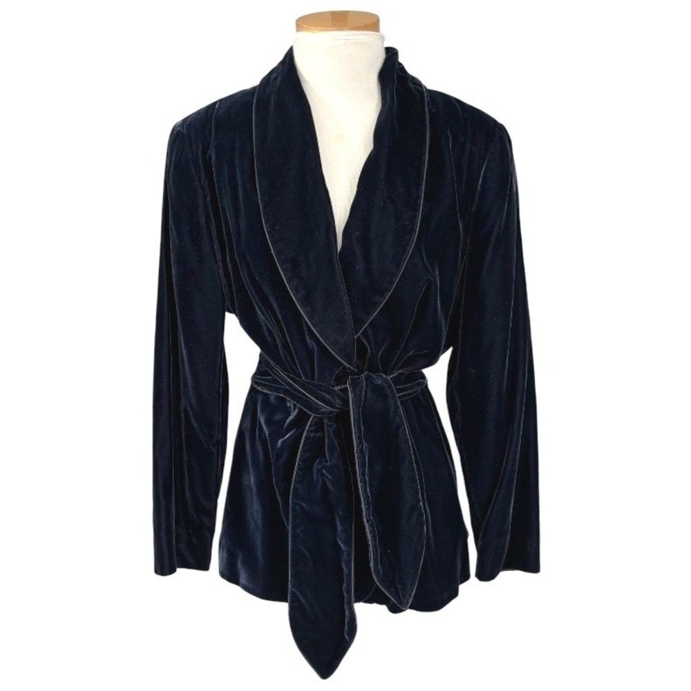 bebe Vintage 90s Velvet Smoking Jacket Women 10 Midnight Blue Tie Waist Shawl